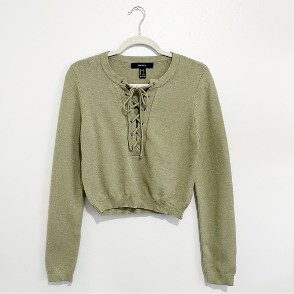 Forever 21 Sweaters - Forever 21 Sage Green Lace-Up Cropped Sweater F21 Women’s Junior’s Size L